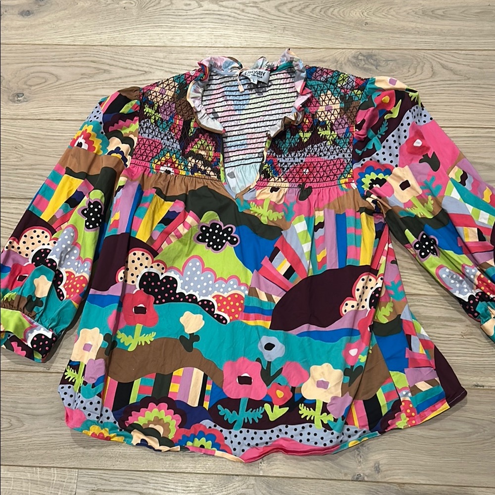 CROSBY by Mollie Burch Pink and Blue Graphic Ruffled Blouse